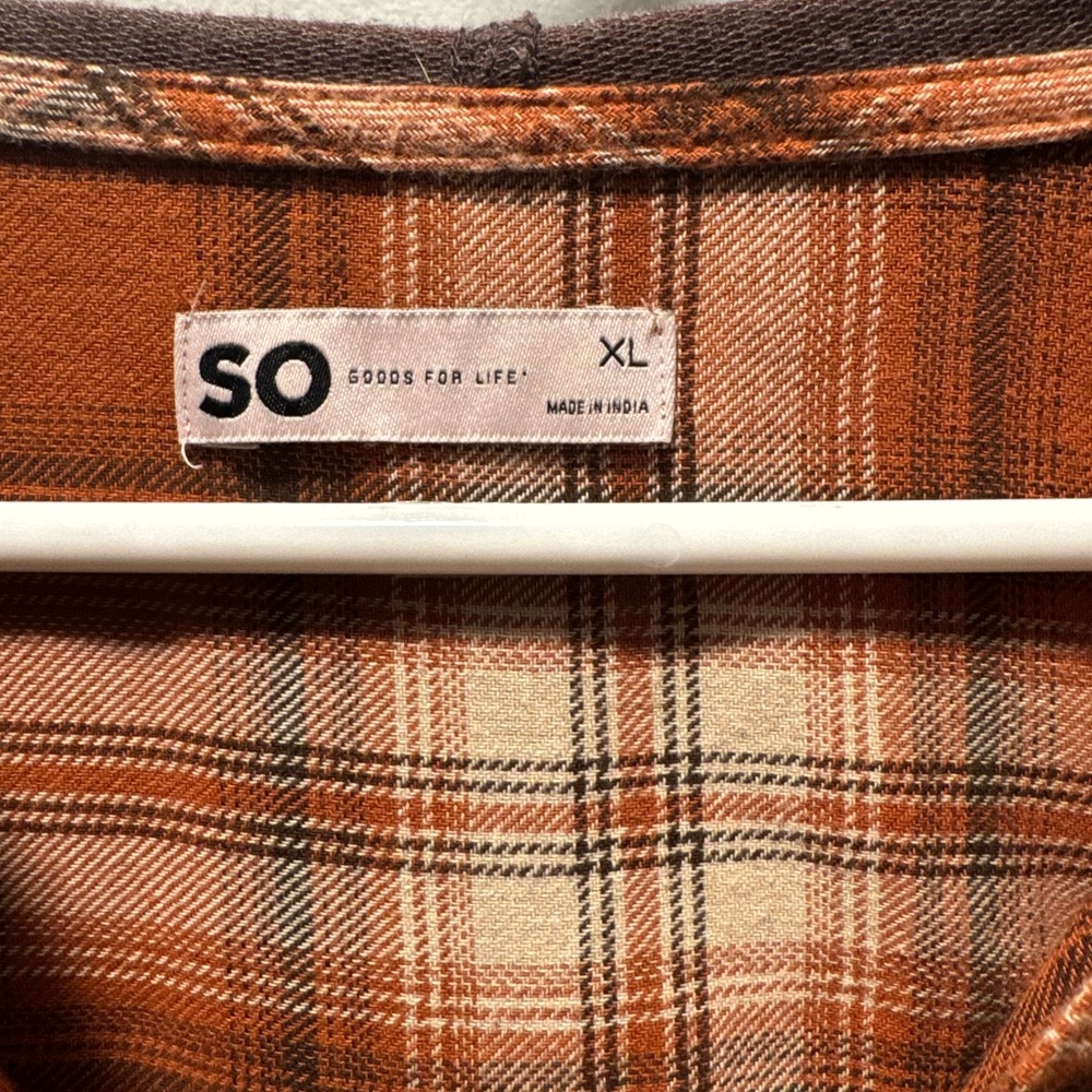SO Orange Brown and White Plaid Hooded Shirt - Picture 3 of 3